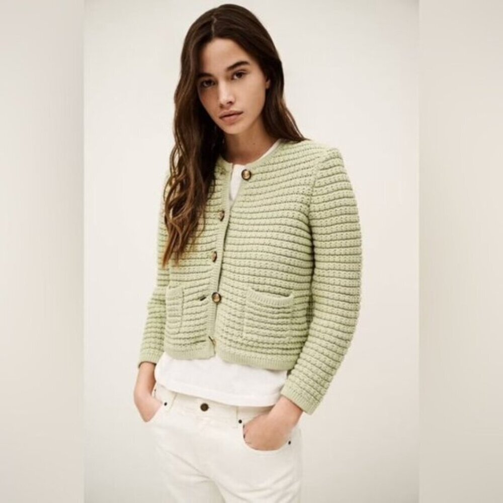 NEW Ba&sh Bash Gaspard Tweed Cardigan Jacket in Light Pastel Green | size M - Picture 3 of 11